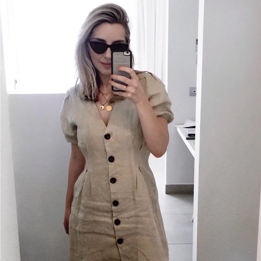 NA-KD BUTTONED LINEN DRESS V-NECK PUFF SLEEVES SAND SIZE SMALL
